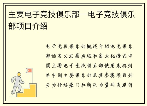 主要电子竞技俱乐部—电子竞技俱乐部项目介绍