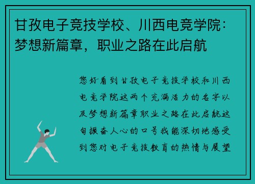 甘孜电子竞技学校、川西电竞学院：梦想新篇章，职业之路在此启航